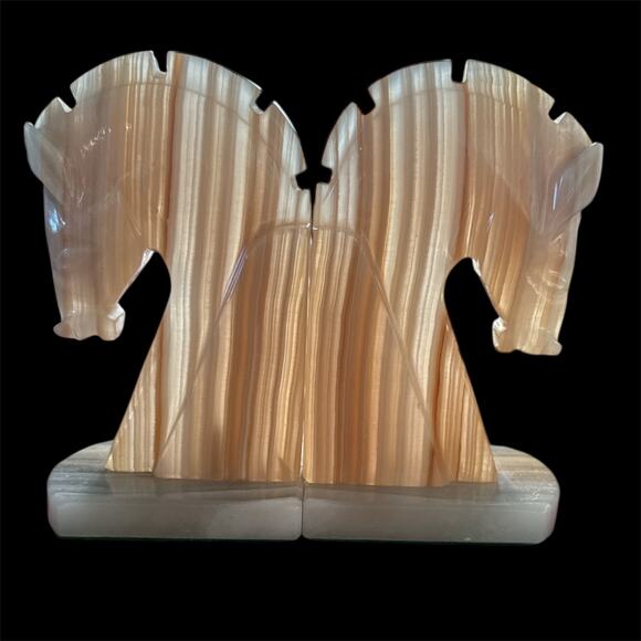 Pair Onyx Marble Trojan Horse Head Bookends 6.25" MCM Aztec Style Vintage Decor - Picture 2 of 8
